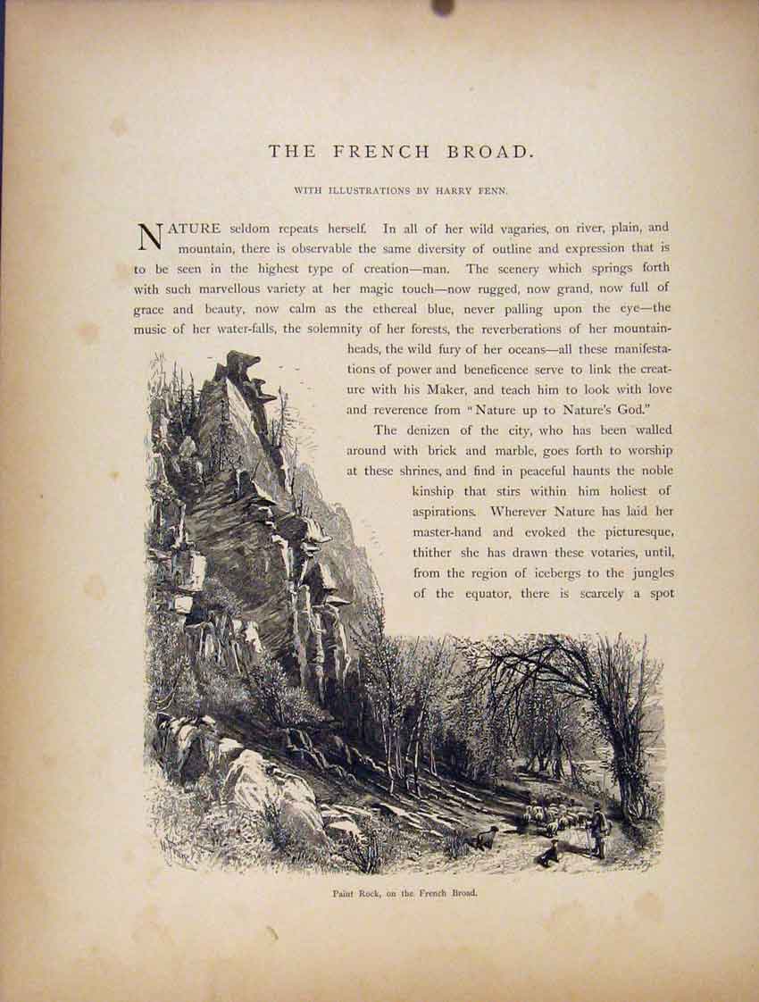 Original Old Antique Print Fine Art Wood Engraving French Broad Paint Rock