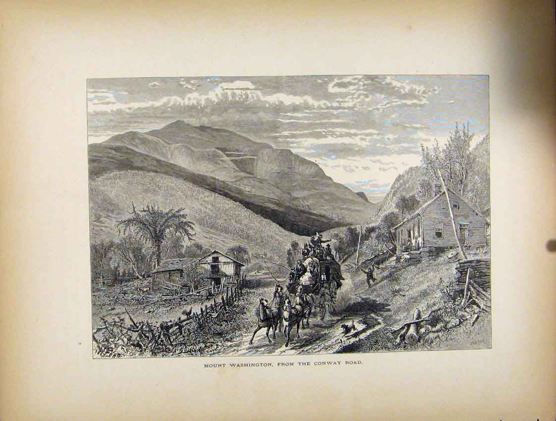 Original Old Antique Print Mount Washington Conway Road C1872 19th