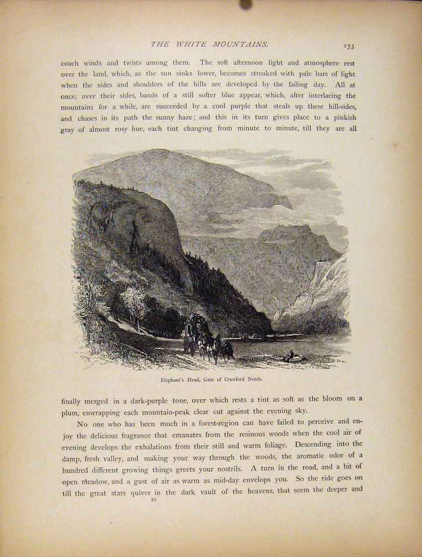 Original Old Antique Print White Mountains Elephant Head Gate Crawford Notch