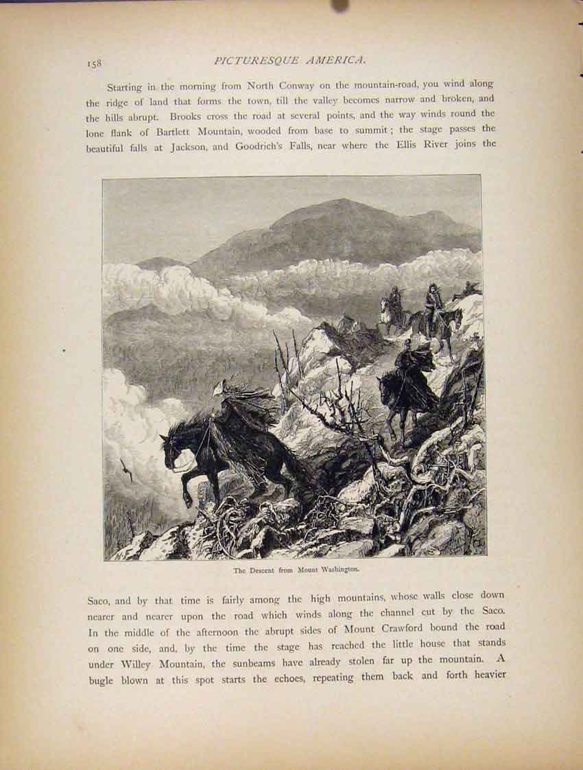 Original Old Antique Print Descent Mount Wahsington Wood Engraved Art