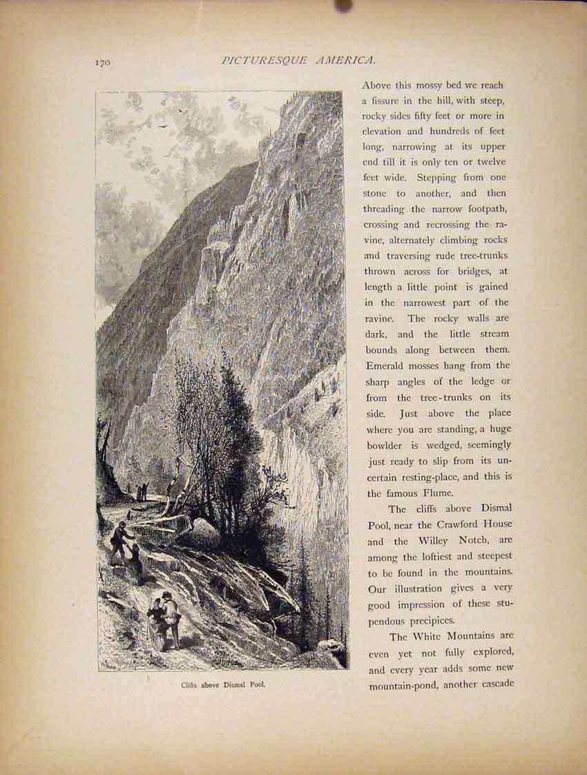 Original Old Antique Print Wood Engraving Cliffs Dismal Pool Art