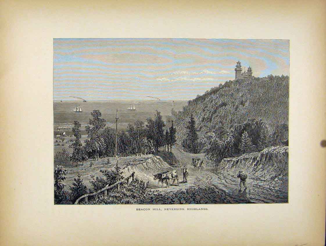 Original Old Antique Print Beacon Hill Neversink Highlands Fine Art