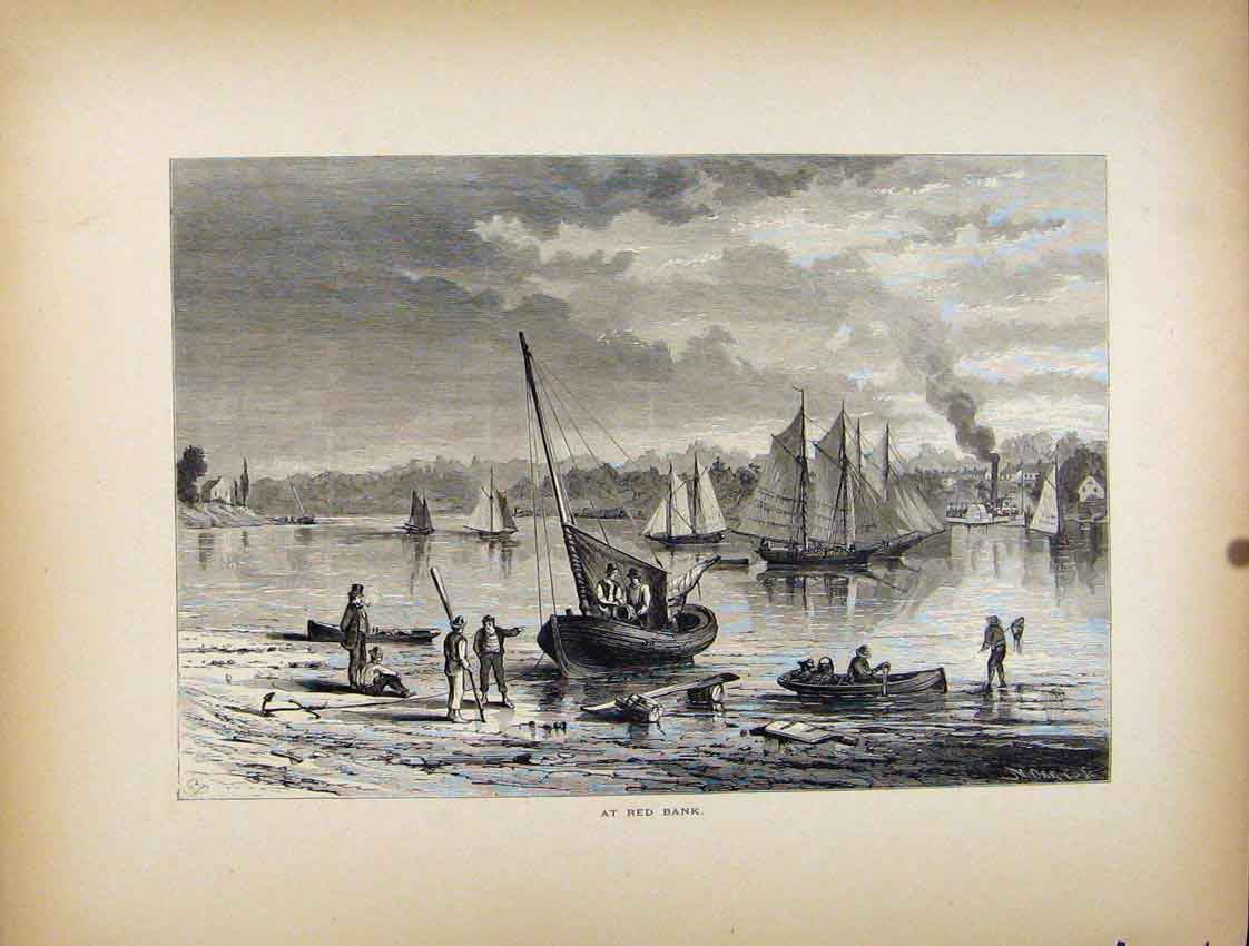 Original Old Antique Print At Red Bank Boat Sail Fine Art River