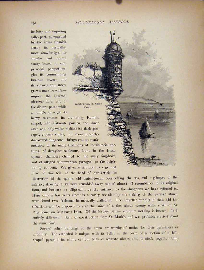 Original Old Antique Print Watch Tower St Marks Castle Fine Art 1872 Victorian