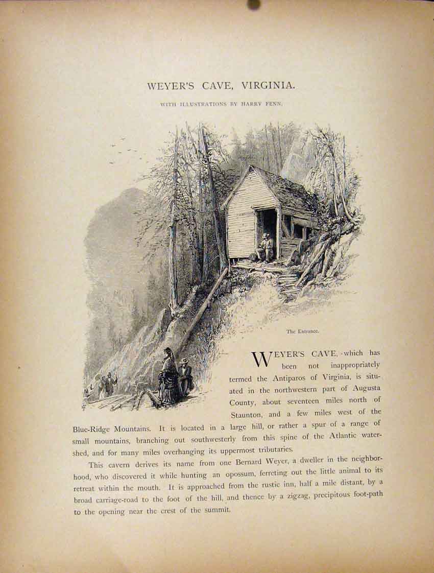 Original Old Antique Print Wyers Cave Virginia Entance Engraving Art