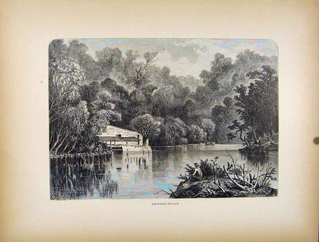 Original Old Antique Print Powder Mills Lake Fine Art 1872 River 19th