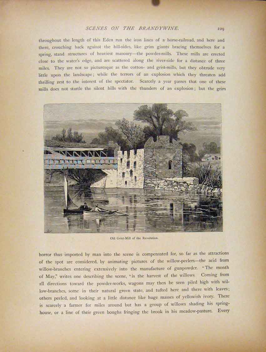 Original Old Antique Print Fine Art C1872 Grist Mill Revolution 19th