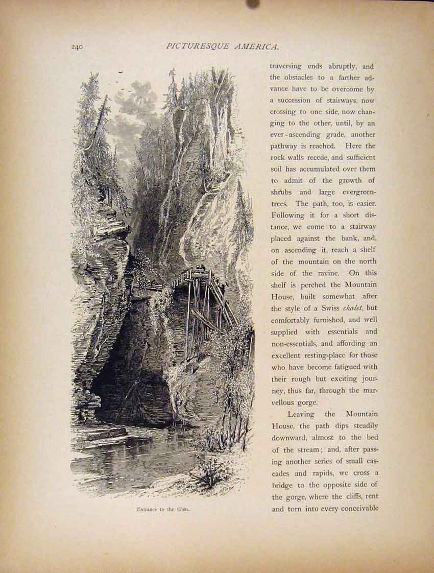 Original Old Antique Print C1872 Wood Engraving Glen Entrance Art 19th