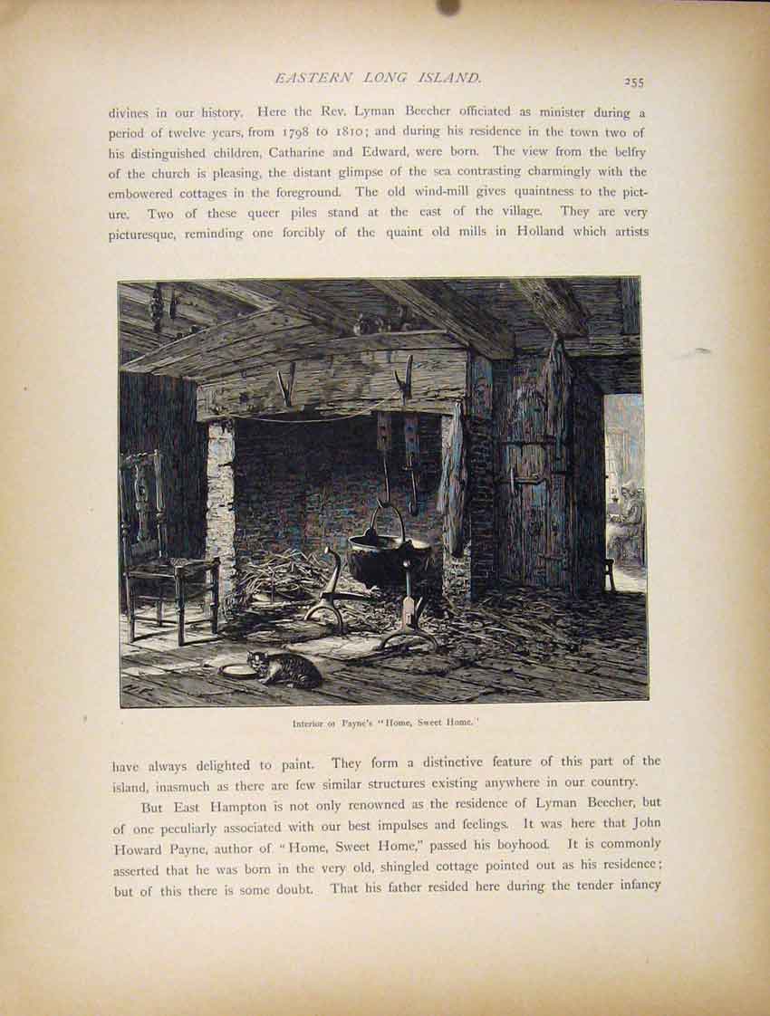 Original Old Antique Print Interior Paynes Sweet Home Eastern Long Island
