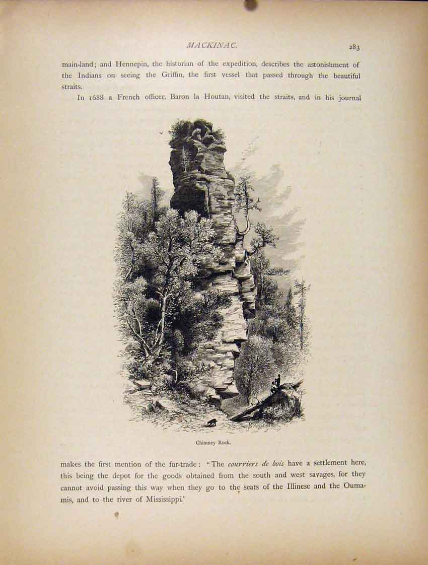 Original Old Antique Print Wood Engraving Chimney Rock Fine Art C1872 Victorian