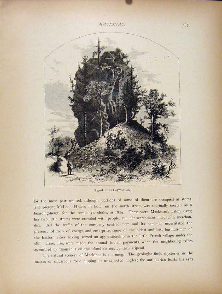 Original Old Antique Print Makinac Sugar Loaf Rock West Side C1872 Victorian