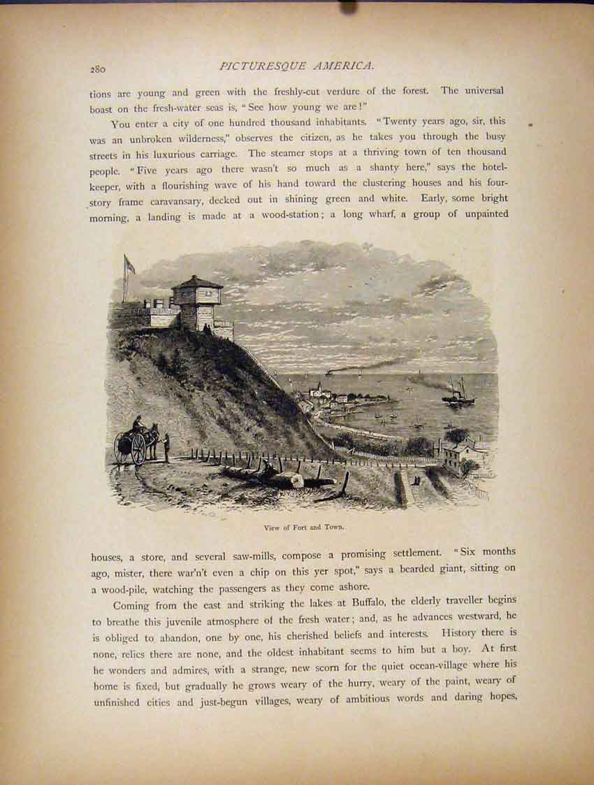 Original Old Antique Print Fort Town Buffalo Wood Engraving Fine Art
