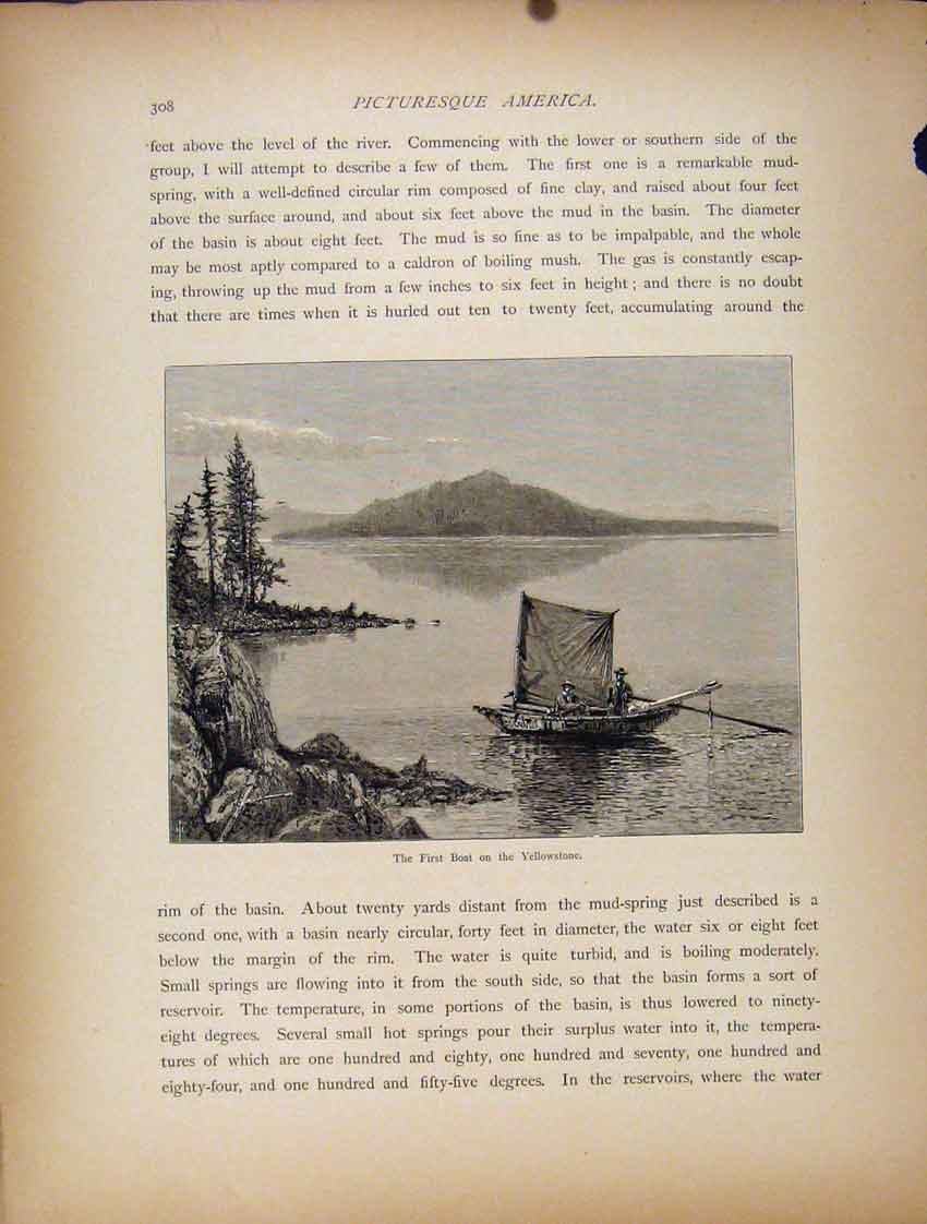 Original Old Antique Print First Boat Yellostone Fine Art Engravings