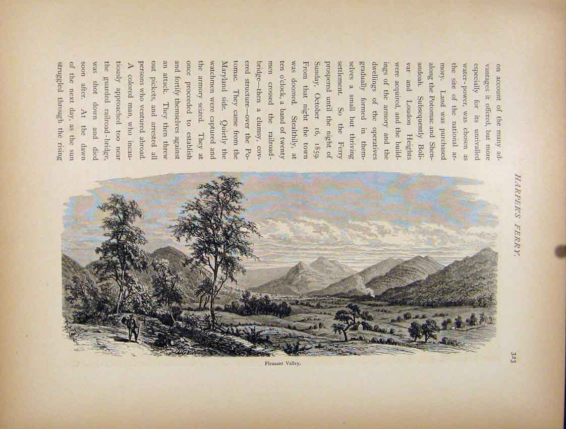 Original Old Antique Print Pleasant Valley Harpers Ferry Engraving C1872 19th