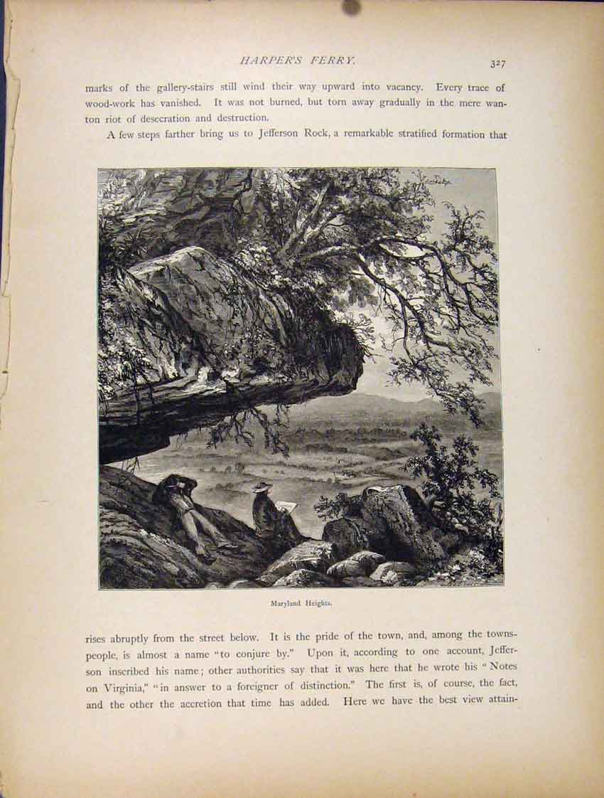 Original Old Antique Print Maryland Heights Harpers Ferry Engraving Art