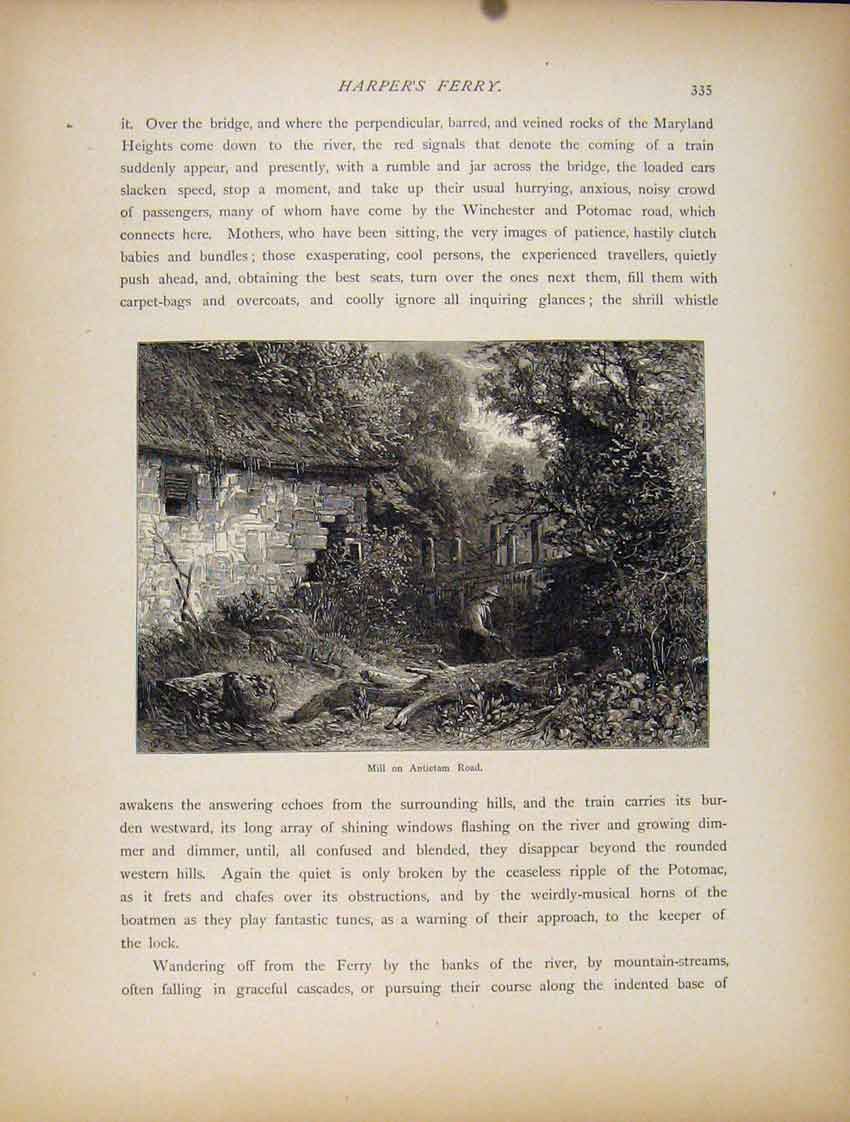 Original Old Antique Print Harpers Ferry Mill Antietam Road Engraving