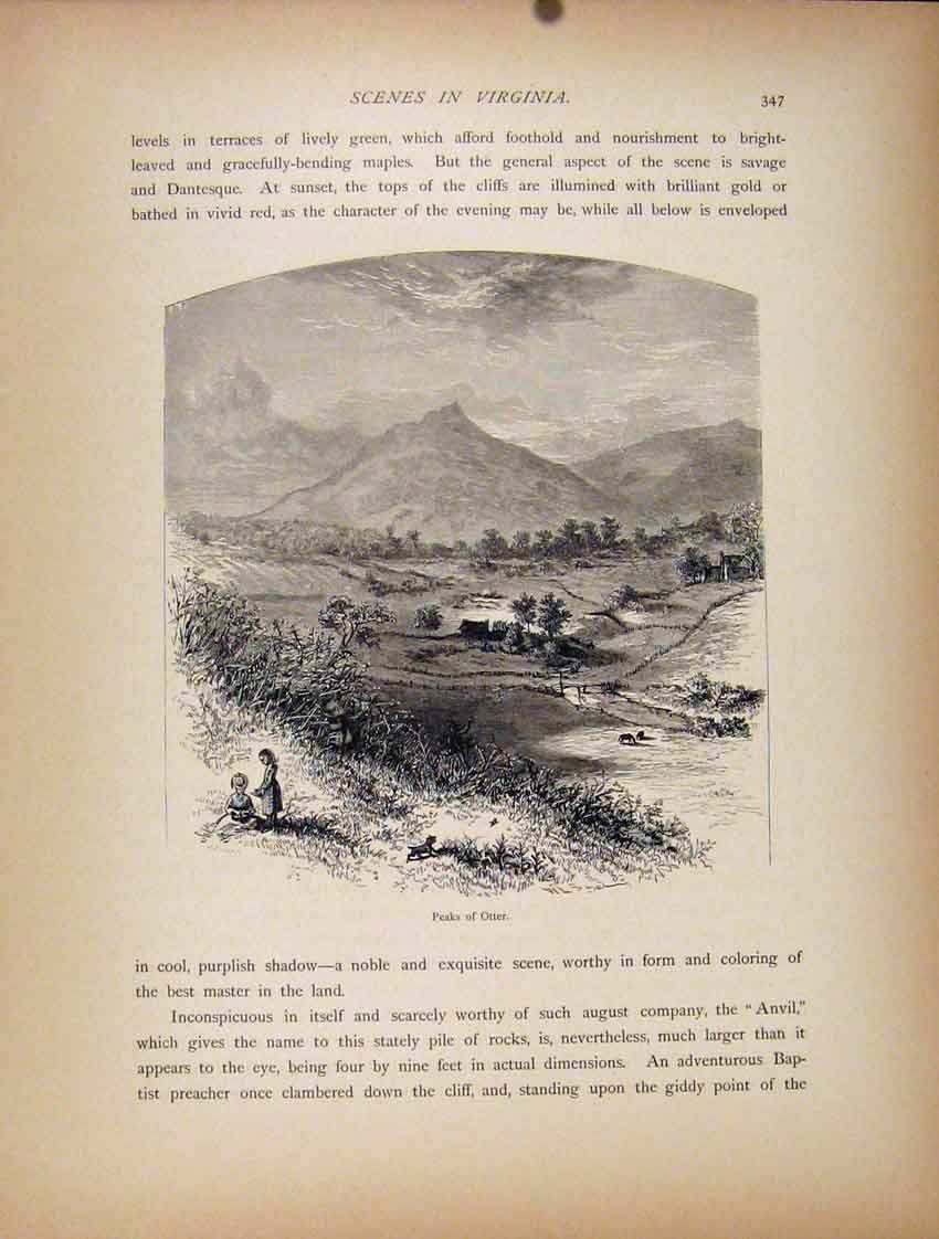 Original Old Antique Print Peaks Otter Virginia Wood Engraving C1872 Victorian