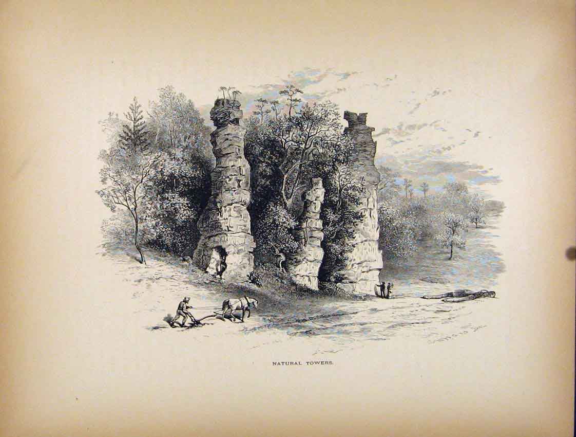 Original Old Antique Print Natural Towers Balancing Stones Pillars