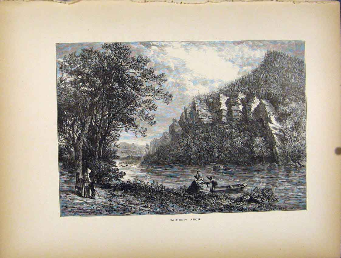 Original Old Antique Print Rainbow Arch River Mountain Fine Art