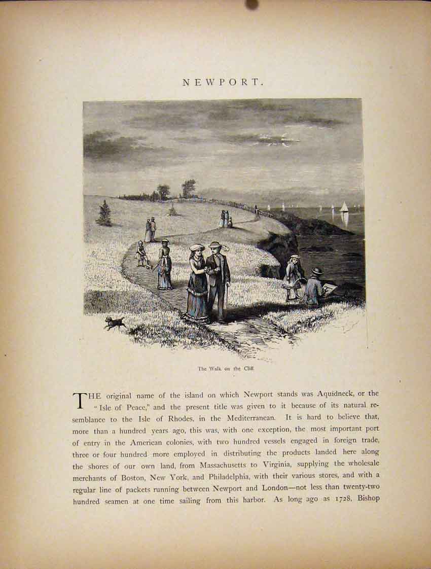 Original Old Antique Print Walk Cliff Newport Wood Engraving Art