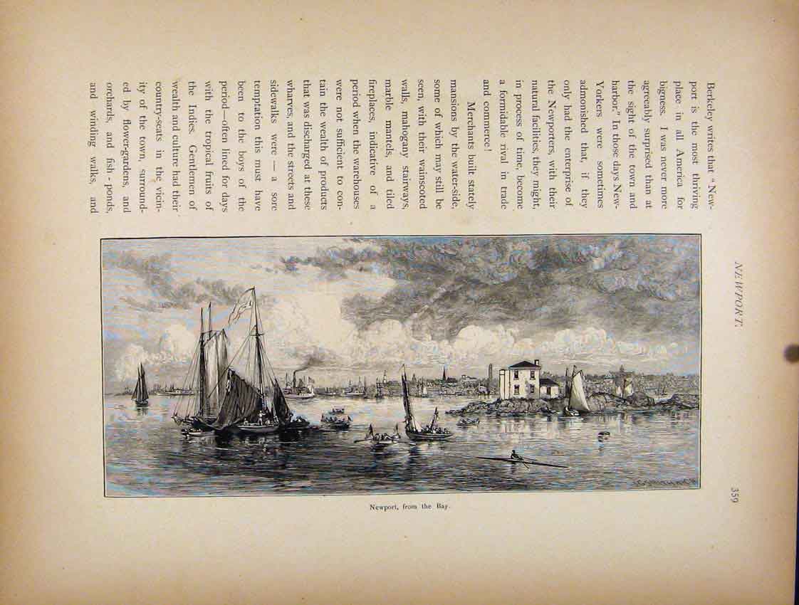Original Old Antique Print Bay Newport Wood Engraving C1872 Fine Art Victorian