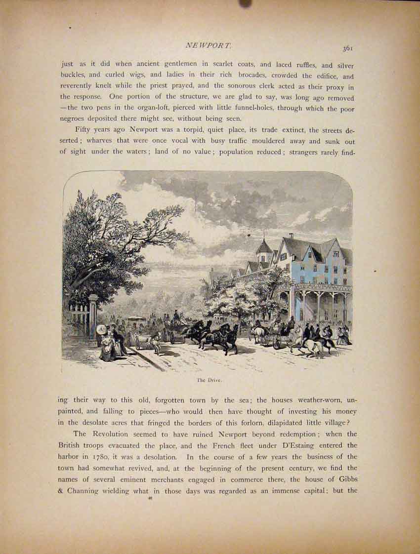 Original Old Antique Print C1872 Newport The Drive Wood Engraving 19th