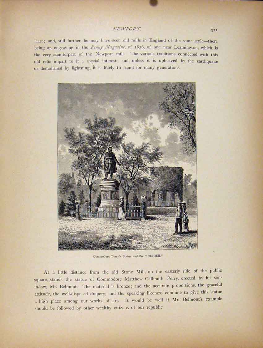 Original Old Antique Print Newport Commodore Perrys Statue Mill