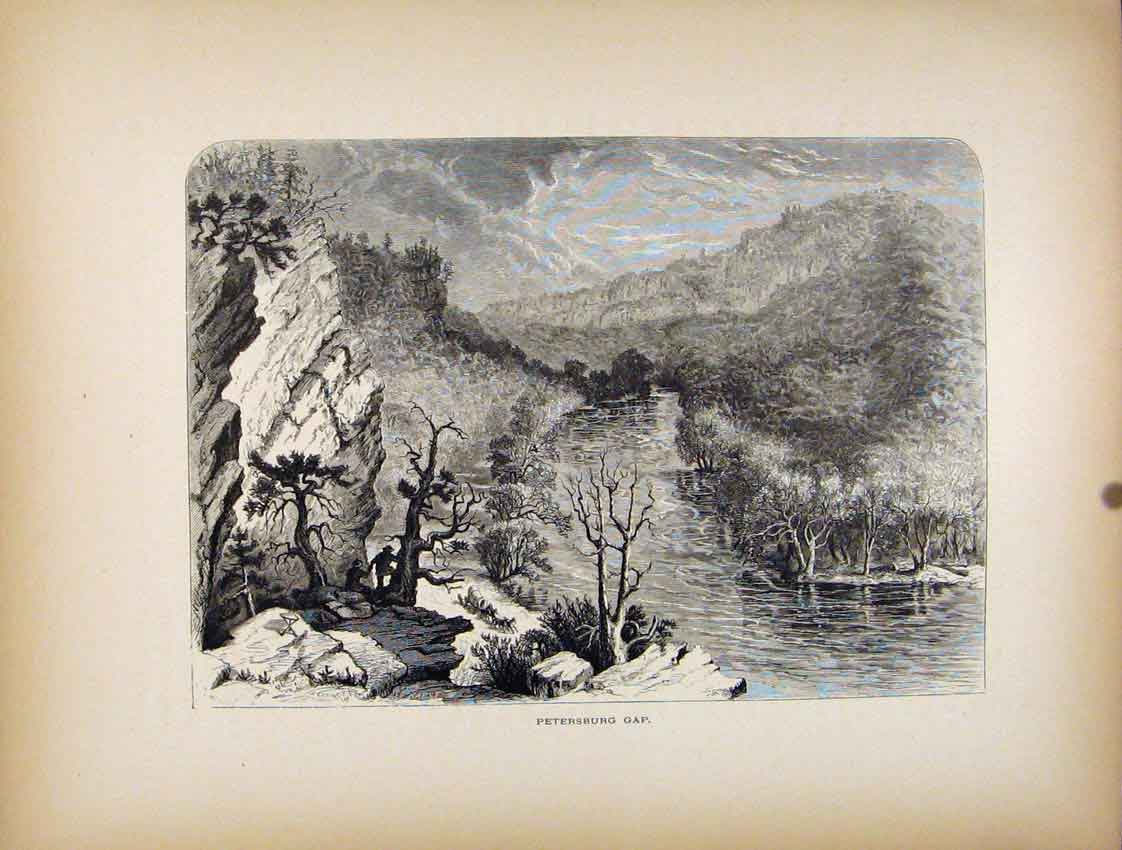 Original Old Antique Print Fine Art Petersburg Gap River Tribitory