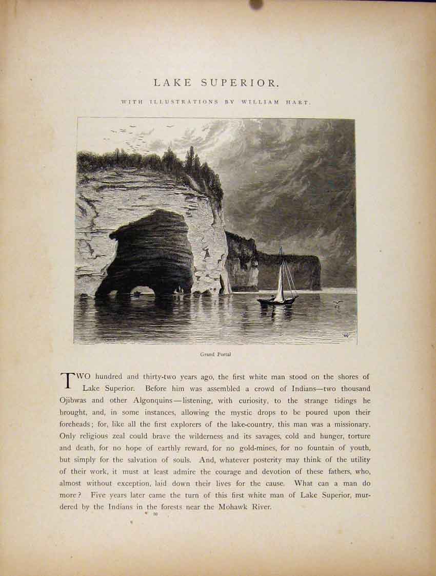 Original Old Antique Print Grand Portal Lake Superior Art Wood Engraving