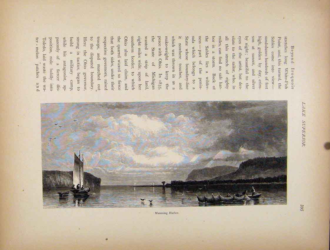 Original Old Antique Print Wood Engraving C1872 Munesing Harbor Fine Art 19th
