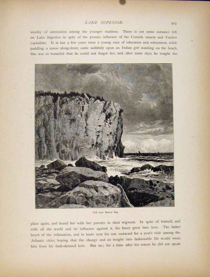 Original Old Antique Print Superior Lake Clif Beaver Bay Wood Engraving