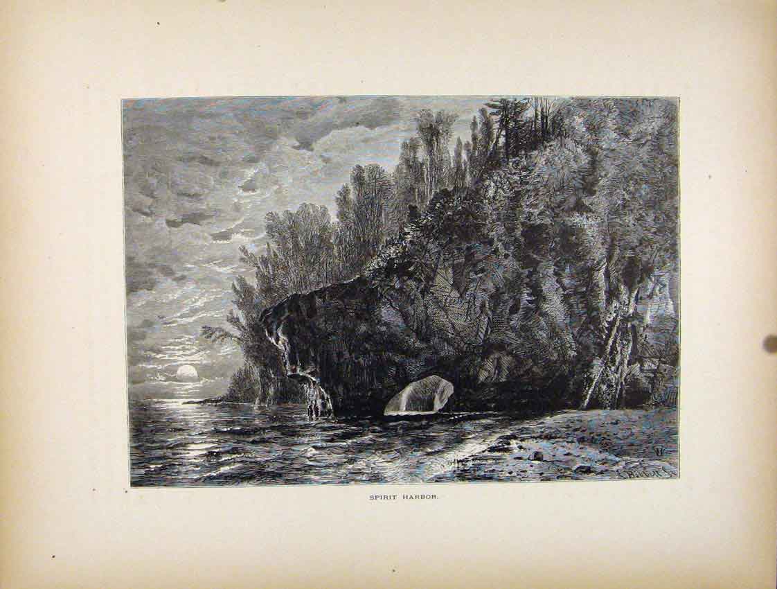 Original Old Antique Print Fine Art Spirit Harbor Sea Side C1872 19th