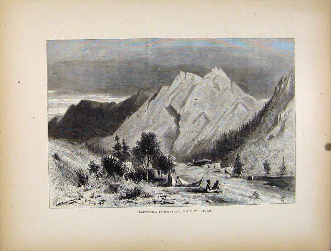 Original Old Antique Print Limestone Formation Pitt River Fine Art