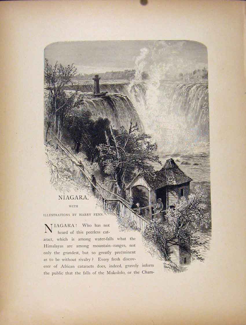 Original Old Antique Print Niagara Falls Wood Engraving Fine C1872 Victorian