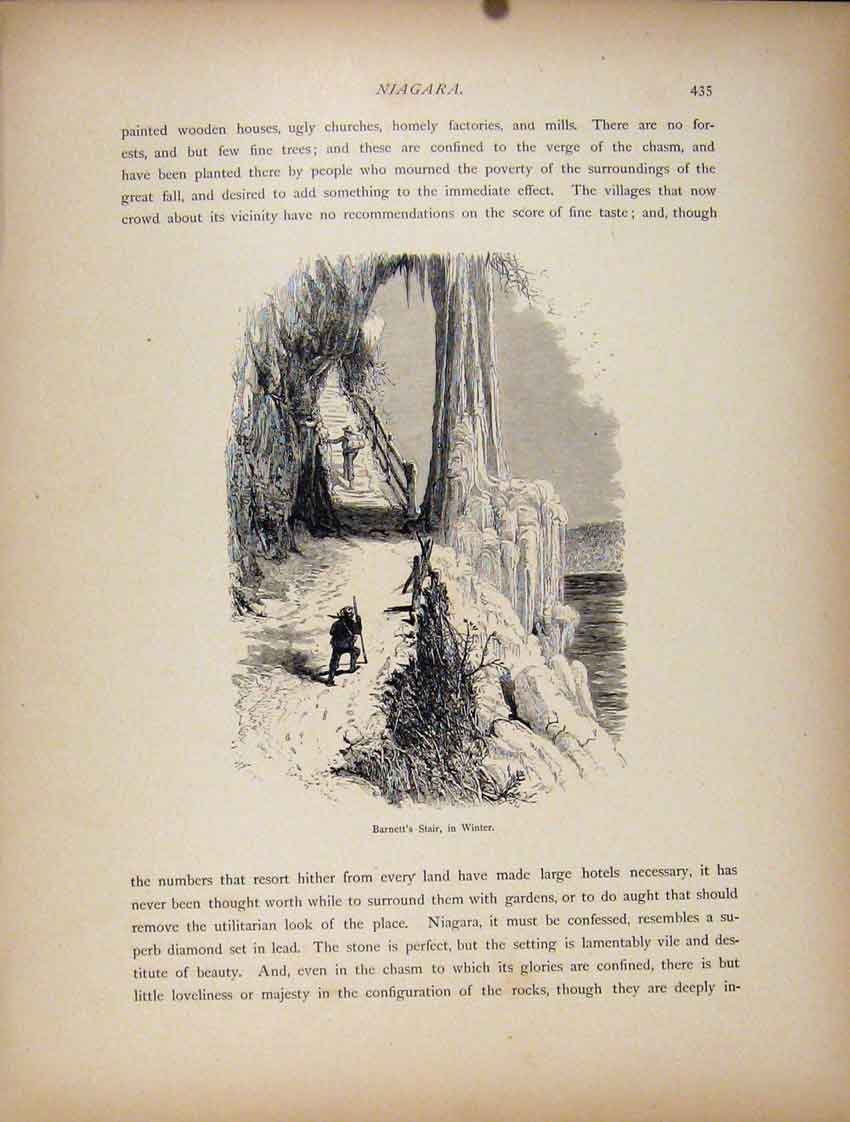 Original Old Antique Print Barnett Stair Winter Niagara Wood Engraved Art 18th