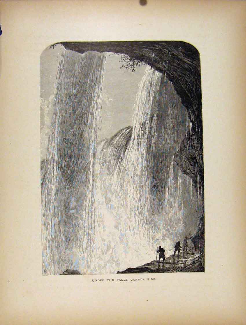 Original Old Antique Print Fine Art 1872 Under Falls Canada Side 19th