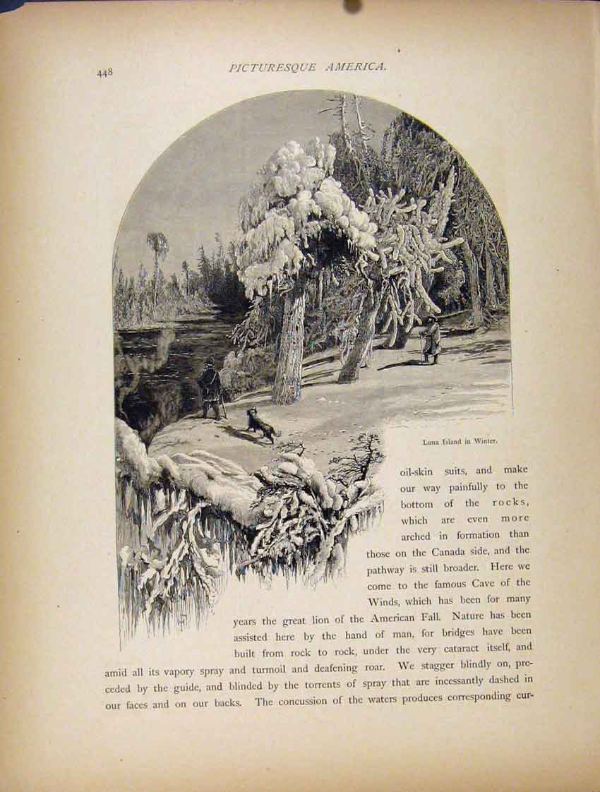 Original Old Antique Print Luna Island Winter Fine Art Wood Engraving
