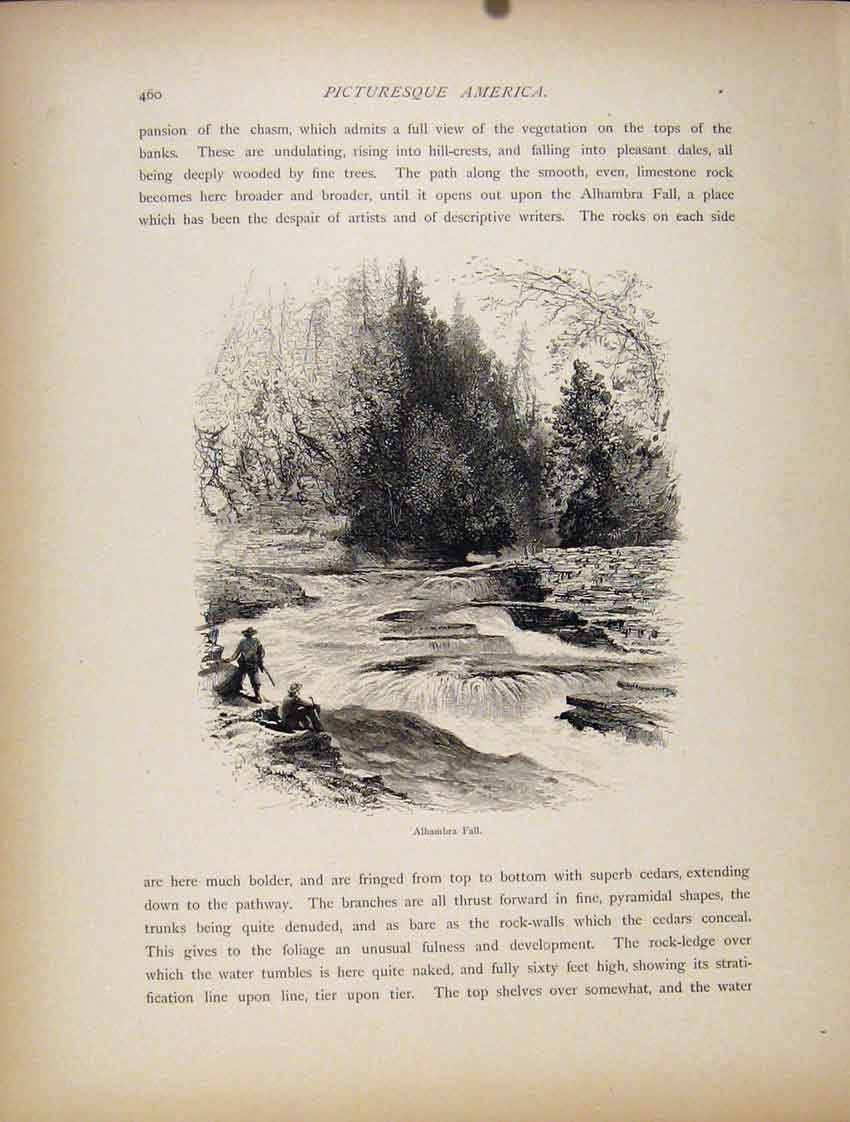 Original Old Antique Print C1872 Wood Engraving Alhambra Fall Art 19th