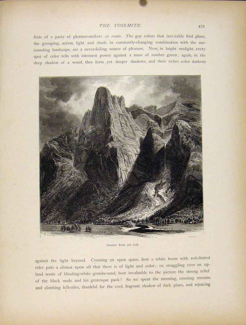 Original Old Antique Print Wood Engraving Fine Art Sentinel Rock Fall C1872 19th
