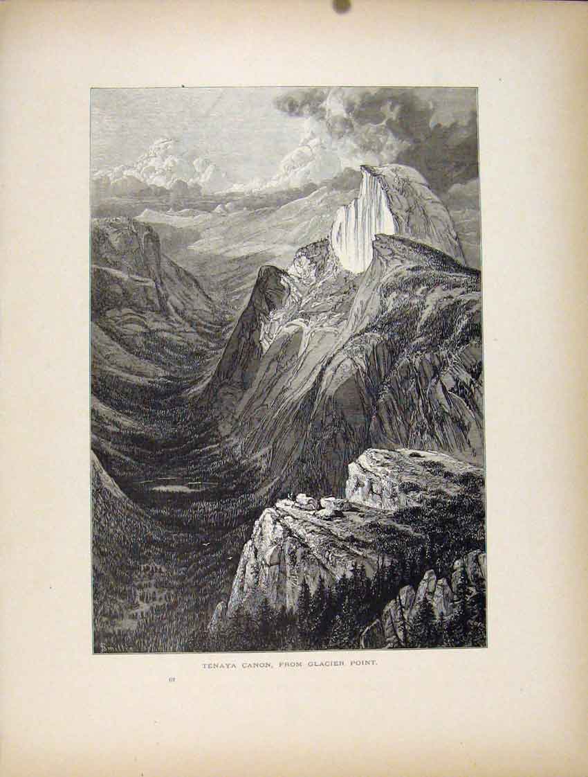 Original Old Antique Print Tenaya Canon Glacier Point Fine Art C1872 Victorian