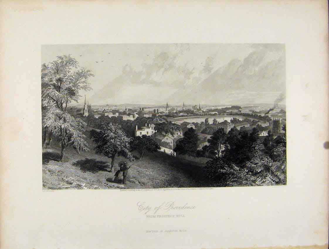 Original Old Antique Print City Providence Prospect Hill Steel Engraving