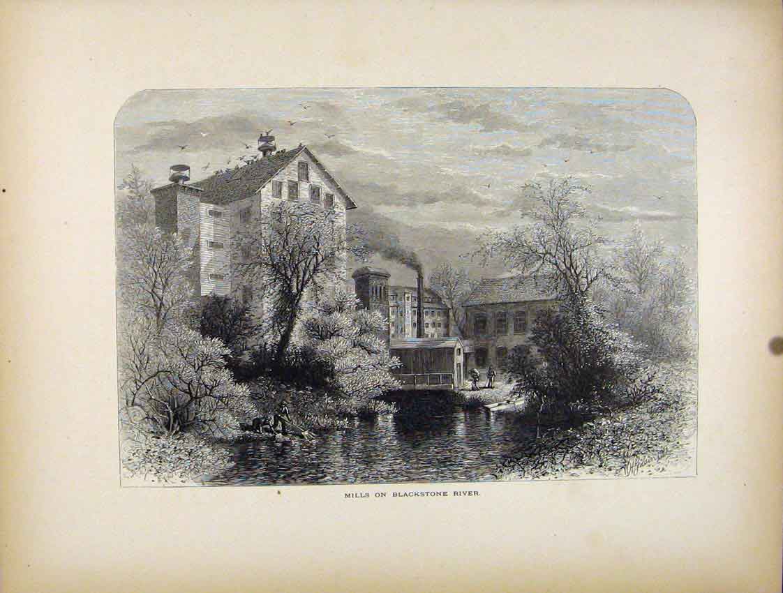 Original Old Antique Print Mills Blackstone River Fine Art C1872 19th