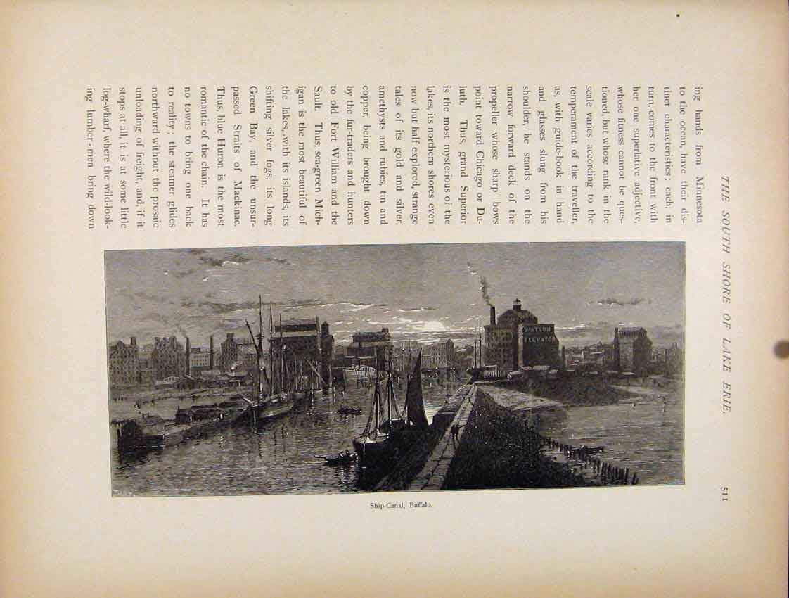 Original Old Antique Print Wood Engraving Ship Canal Buffalo C1872 Art Victorian