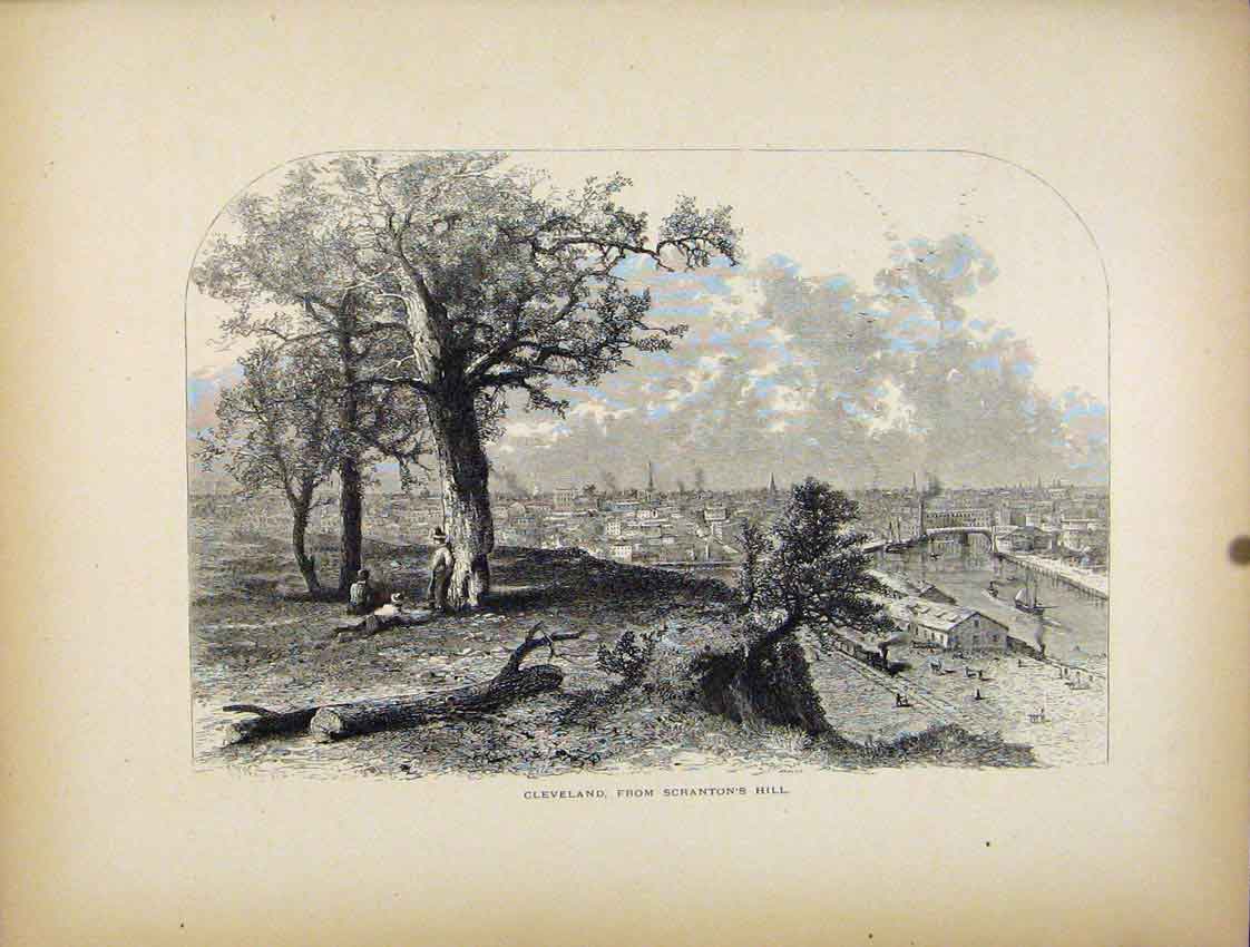 Original Old Antique Print Fine Art Cleveland Scrantons Hill