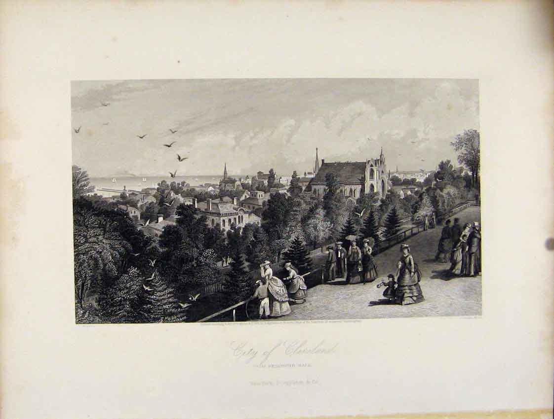 Original Old Antique Print City Cleveland Reservoir Walk Fine Art C1872 19th