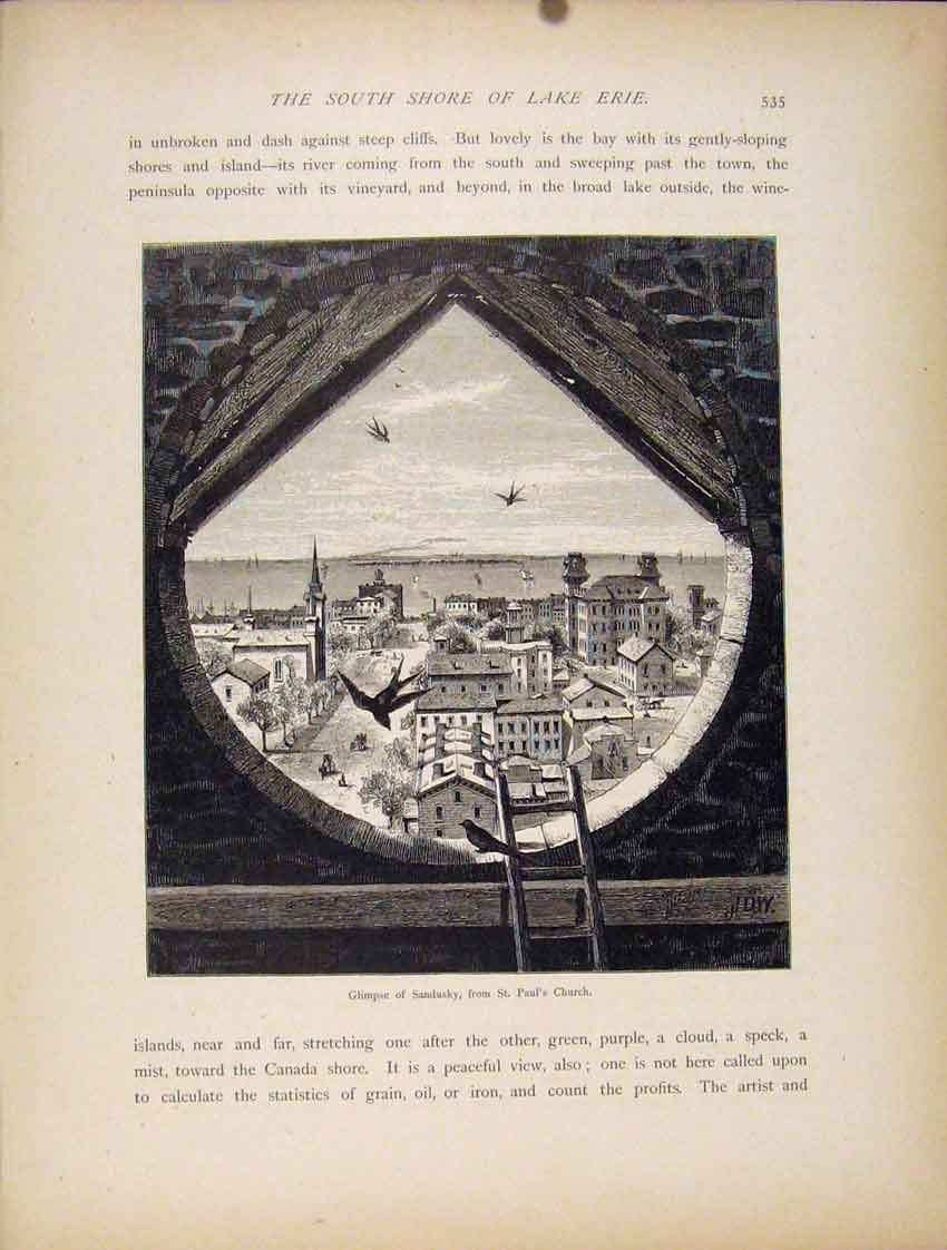 Original Old Antique Print South Shore Lake Eriie Sandusky St Paul Church