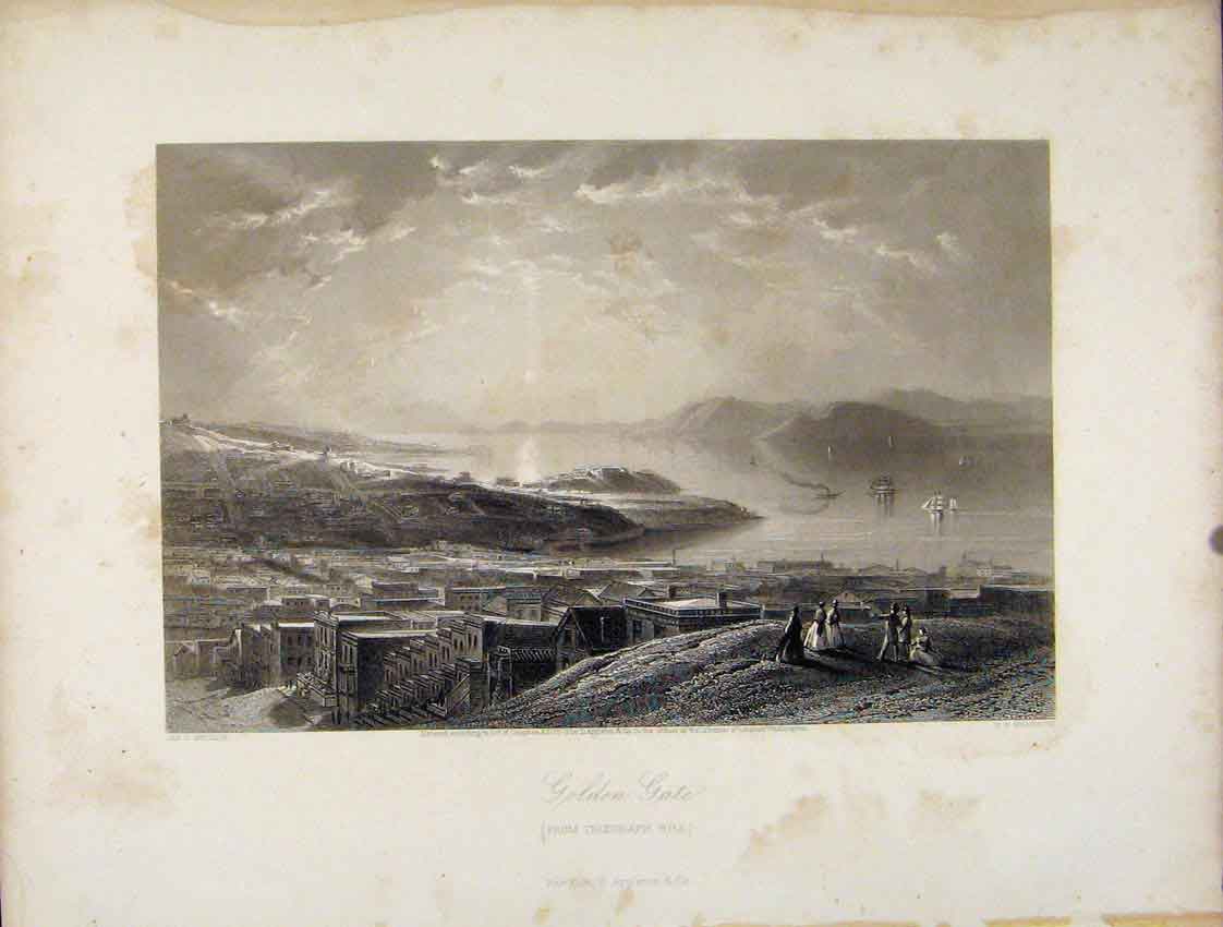 Original Old Antique Print Gen Gate Telegraph Hill Steel Engraved