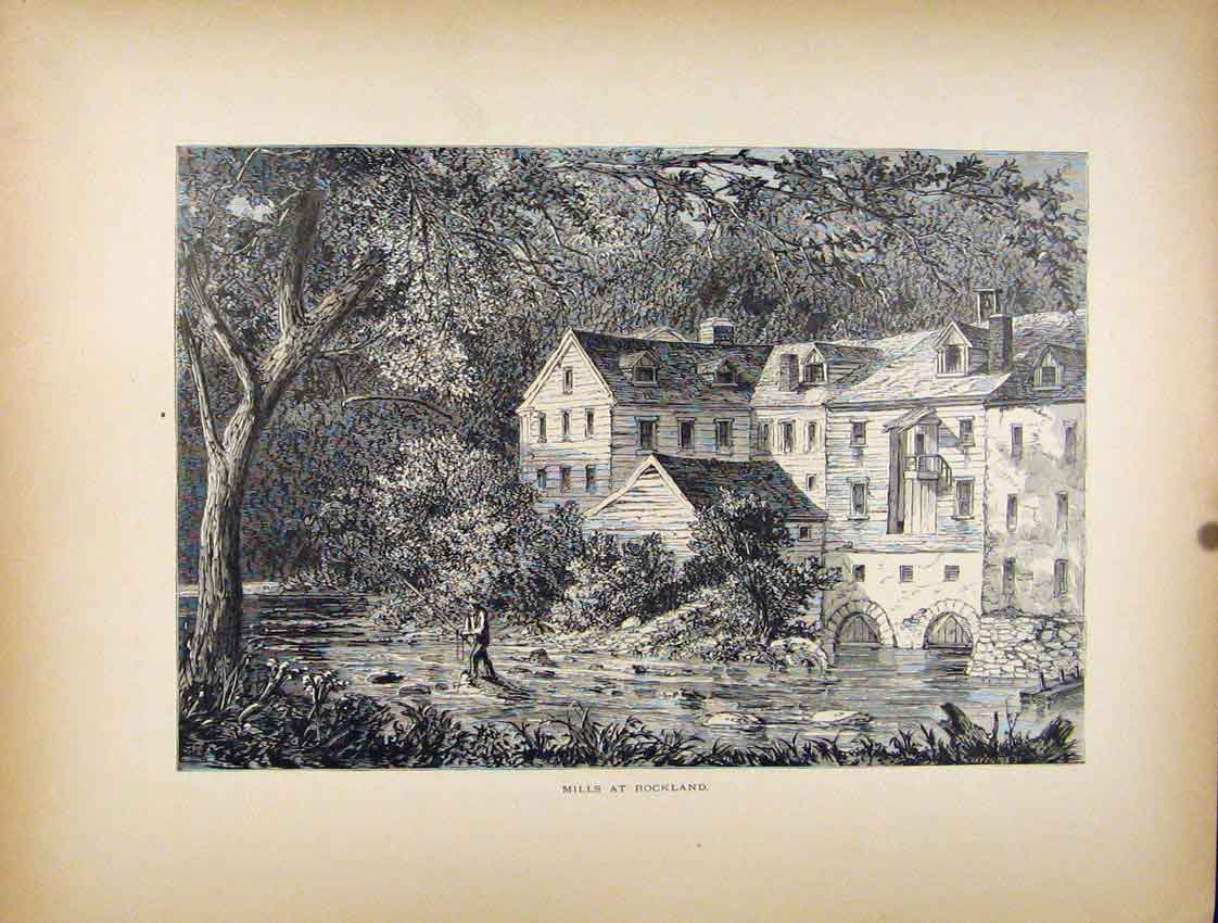 Original Old Antique Print Mills Rockland House River Fishing C1872 Victorian