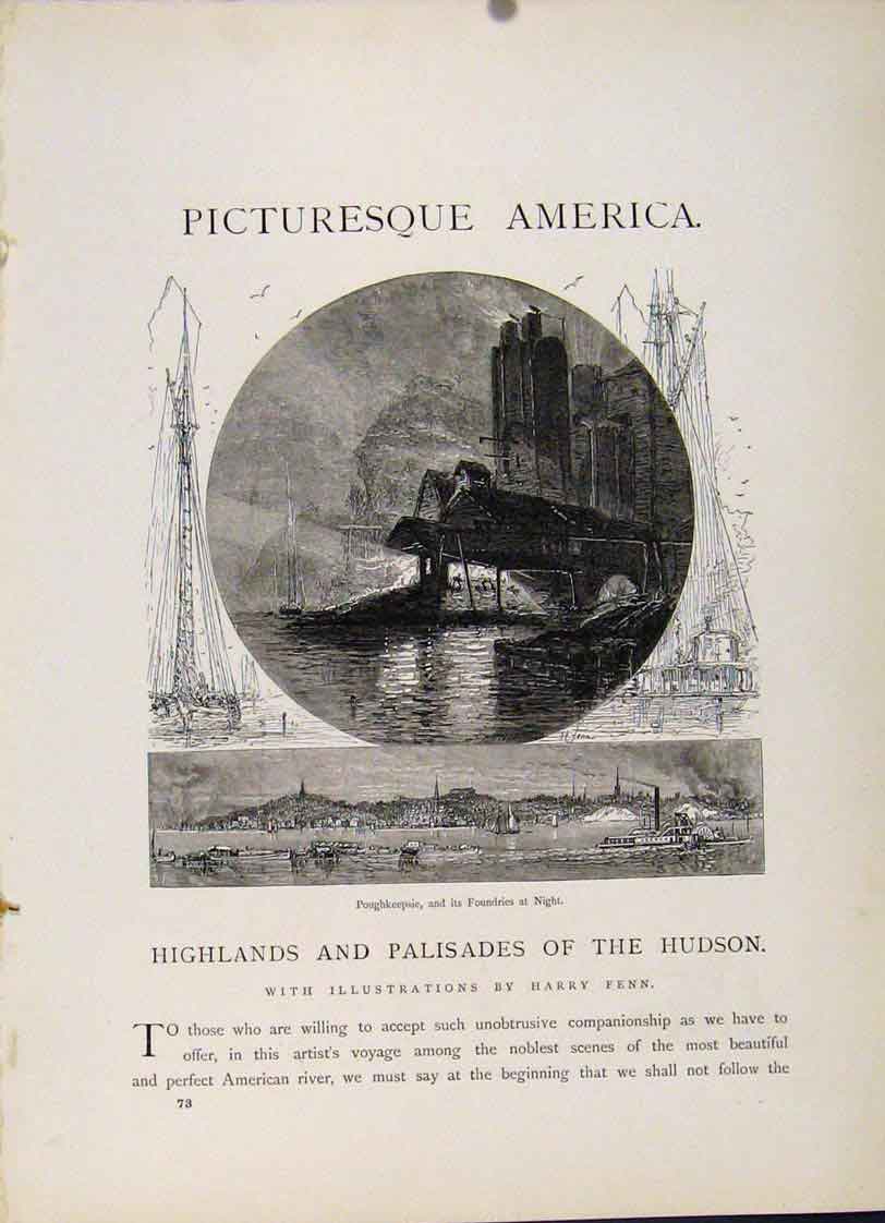 Original Old Antique Print Highlands Palisades Hudson C1872 Engraving Victorian