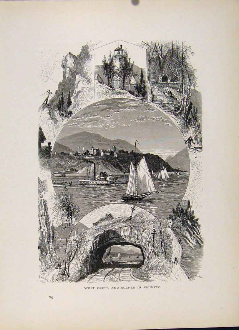 Original Old Antique Print West Point Sali Boat Geese Point Wood Engraving